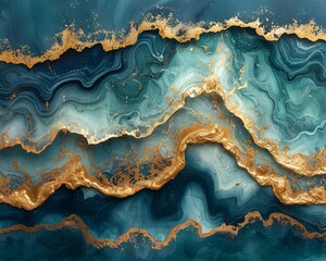 Turquoise and Gold Waves Marble Background