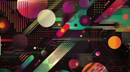 Abstract geometric design with vibrant colors and patterns.