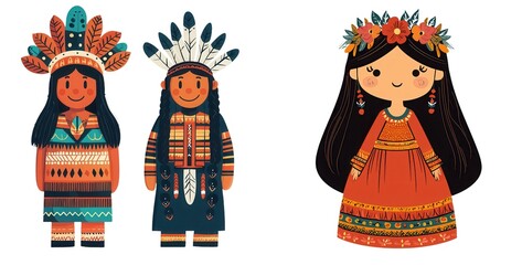 Colorful illustrations of traditional characters celebrating cultural heritage with vibrant attire and decorative accessories. Isolate white background