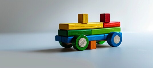 car built from a children's wooden colorful construction set on a light gray background
