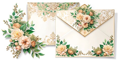 Embroidered watercolor wedding invitation modern set with emerald and gold textures,
