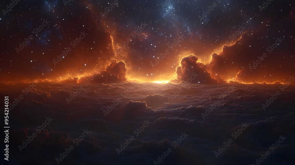 Poster glowing clouds and stars in a deep space with an orange light source.