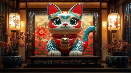 Lucky Cat Statue in Traditional Japanese Setting.