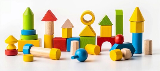 children's wooden multi-colored construction set with different shapes on a white background