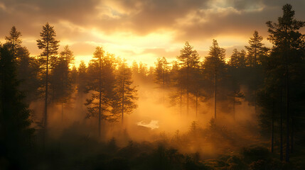 Obraz premium Golden light streams through the trees in a misty forest at sunrise.