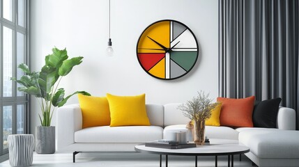 Design a contemporary wall clock with a geometric pattern and bold colors.