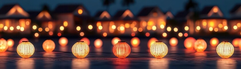 Obraz premium Heritage village illuminated with Diwali lights, festive atmosphere, illustration