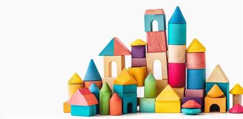 palace built from children's wooden multi-colored construction set on a white background