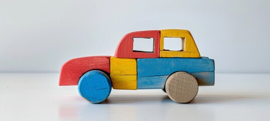 cute car built from a children's wooden construction set on a white background