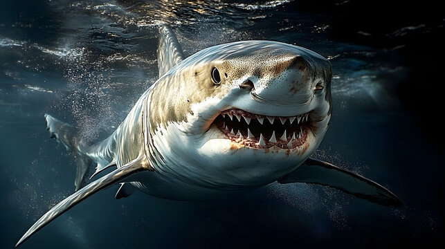 Great white shark with open mouth and sharp teeth swimming underwater.