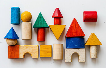 children's wooden multi-colored construction set on a white background, top view