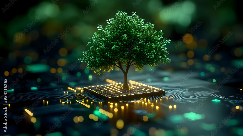 Poster green tree growing on a circuit board, representing the connection between nature and technology.