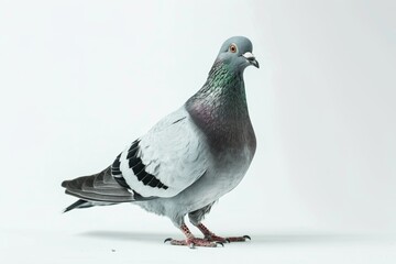 Obraz premium Portrait of a pigeon with grey feathers on a white background, standing in profile.