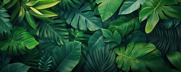 Fototapeta premium Jungle leaves with depth effect, flat design, top view, rainforest theme, 3D render, Triadic Color Scheme