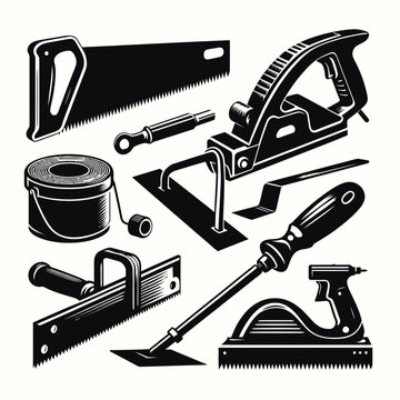 silhouette set featuring tools used for plastering and drywall work, including a drywall saw, plaster hawk, and a taping knife.