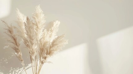 Vase with pampas grass against a light wall.