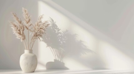 Naklejka premium Vase with pampas grass against a light wall.