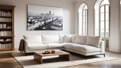 Create a serene and modern bedroom design featuring a wooden bed frame with crisp white bedding