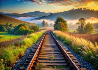 Obraz premium Rusty steel railroad tracks wind through a serene rural landscape, overgrown with weeds and surrounded by rolling hills, with a hint of morning fog lingering.