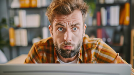 Portrait of confused man looking at computer screen. Puzzled employee, office worker, student or hipster feeling dumb and stupid trying to understand hard complicated stuff or fix PC software