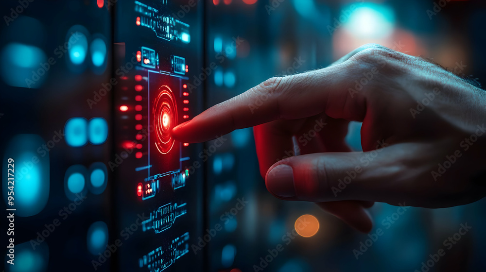 Poster hand reaching out to touch a glowing red circle on a digital interface.