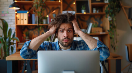 Portrait of confused man looking at computer screen. Puzzled employee, office worker, student or hipster feeling dumb and stupid trying to understand hard complicated stuff or fix PC software