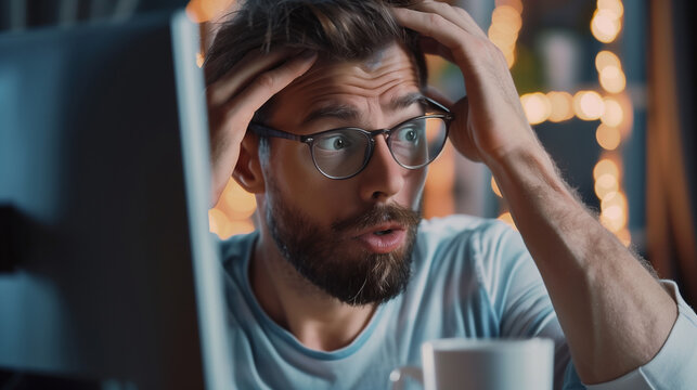 Portrait of confused man looking at computer screen. Puzzled employee, office worker, student or hipster feeling dumb and stupid trying to understand hard complicated stuff or fix PC software