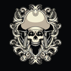 Pirate Skull Head Illustration With Ornament Frame Background Detailed Illustration