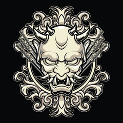 Fototapeta premium Hannya Oni Mask Illustration With Detailed Illustration Ornament Frame Background