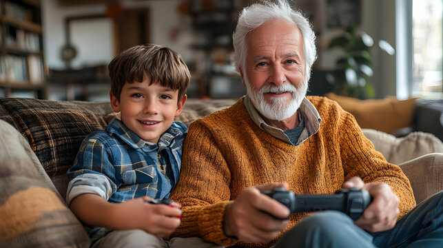 Happy grandfather and grandson bonding while playing video games together.