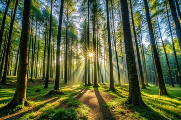 Obraz premium Serene And Tranquil Forest Scene With Tall, Slender Trees Reaching Towards The Sky, Casting Long Shadows On The Lush Undergrowth Below