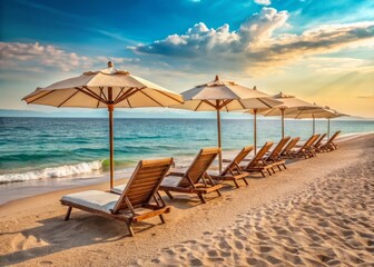 Fototapeta premium Serene beach scene with empty lounge chairs, closed umbrellas, and a deserted shoreline, conveying a sense of isolation