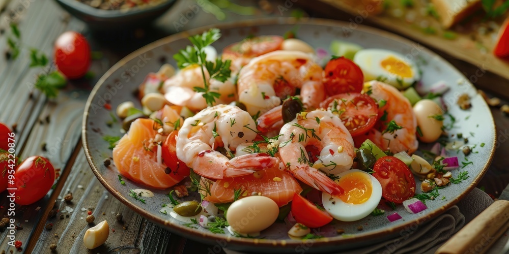 Poster plate of olivier salad with shrimp salmon and quail eggs