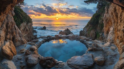 Sunrise Over a Natural Hot Spring Pool Surrounded by Rocky Cliffs