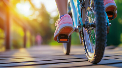Naklejka premium Close-up of pink sneakers pedaling a bicycle on a sunny wooden path