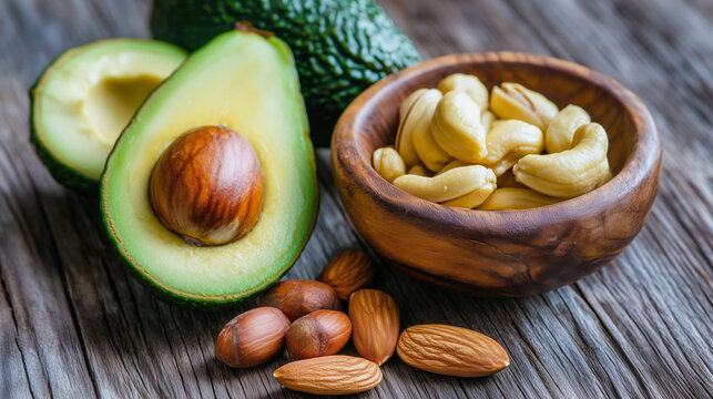 Healthy fats concept with avocado and nuts on wooden background