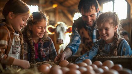 Fototapeta premium Cheerful Family Gathering Fresh Eggs in Rustic Barn