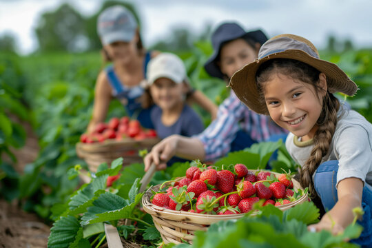 Happy Family Harvesting Strawberries in U-Pick Farm