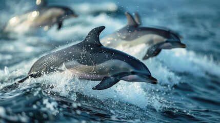 A group of dolphins leaping in a blue ocean, possibly after feeding on fish.