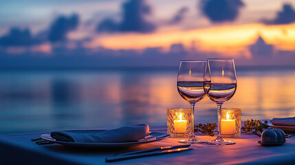 Dining table with wine glasses and candles on the sea background at sunset