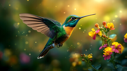 Fototapeta premium Hummingbird in flight near yellow flowers with green bokeh background.