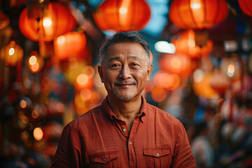 Fototapeta premium An elderly man wearing traditional Chinese clothing stands under a lantern