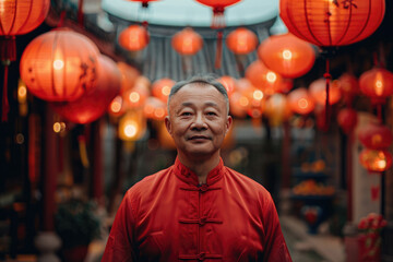 Fototapeta premium An elderly man wearing traditional Chinese clothing stands under a lantern