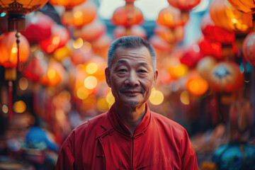 Obraz premium An elderly man wearing traditional Chinese clothing stands under a lantern