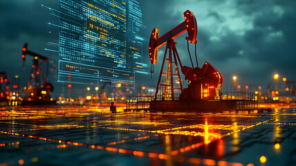Illuminated oil rig silhouetted against a night sky with a digital interface.