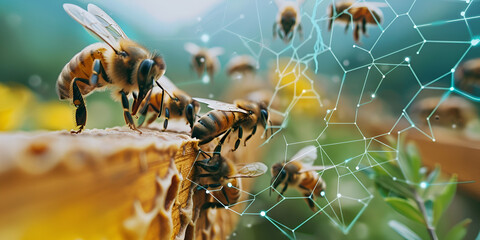 Honey Bees on Honeycomb with Digital Network Overlay, Smart Beekeeping Concept with Connected Bees