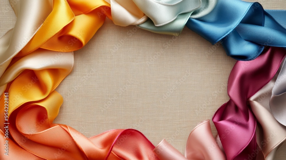 Poster colorful satin ribbons arranged in a circular frame on a textured background
