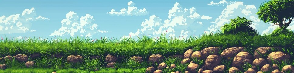 Fototapeta premium Pixel Art Spring Summer Nature Landscape, Video Game Outdoor Platformer Asset Background, 8bit Retro Trees Grass Meadow Blue Sky Backdrop, Side-scroller Side View Pixelated Valley