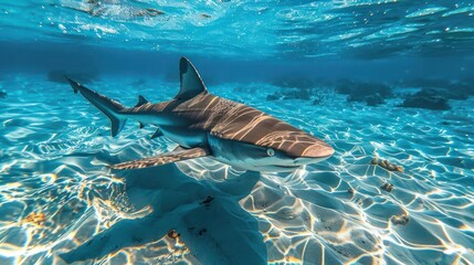 A shark swimming through the coral underwater with a clear visibility of its surroundings.