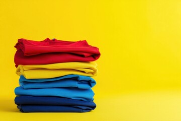 Colorful t-shirts against a yellow background with copy space